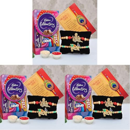 Image of CraftVatika Set Of 2 Rakhi For Brother With Chocolate Combo, Gift For Brother, Ganesha Rakhi Krishna Rakhi For Bro With Cadbury Celebration Chocolate Pack Pair Couple Rakhi Set Of 2, Multicolor 70 Gms