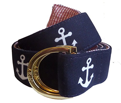 Men's White Anchor on Navy D-Ring Belt with Red Seersucker