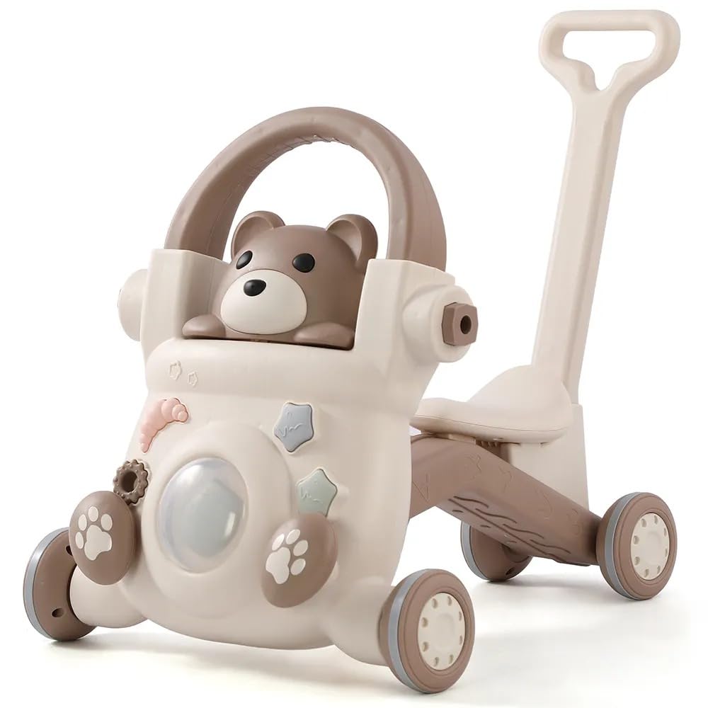 MOPPETS 4 in1 Baby to Toddler Multifuctional Walker, Scooter, Push car, & Ride-on Musical Walker Activity Center for Girls and Boys - with Parental Push Handle, 6-48 Months (Brown)