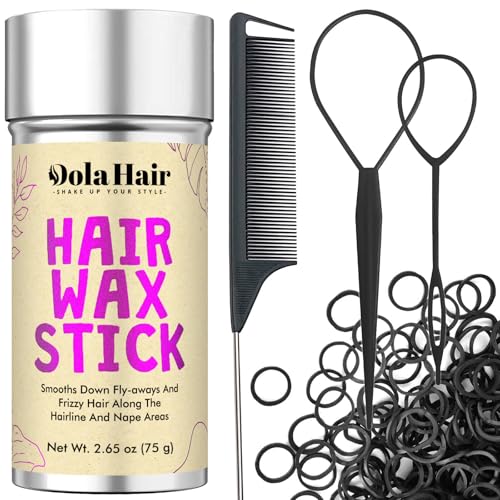 Image of Dolahair Hair Wax Stick & Accessories - Flyaway Control for Kids & Women, 50 Pcs Colorful Elastic Hair Bands, 1 Pcs Slick Back Hair Brush, 2 Hair Loop Styling Tools (Black)