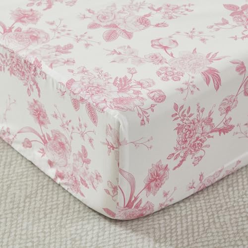 Image of Brandream Organic Crib Fitted Sheets for Baby Girls, Grandmillennial Fitted Crib Sheet for Standard Crib and Toddler Mattress Super Soft 100% Cotton Baby Sheet French Country Pink Toile Floral Print