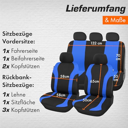 Upgrade4cars Autositzbezüge Set Universal Blau | Auto-Schonbezüge Vordersitze & Rückbank | Autositzbezug Schwarz | Autozubehör Innenraum | Geschenke für Frauen und Männer