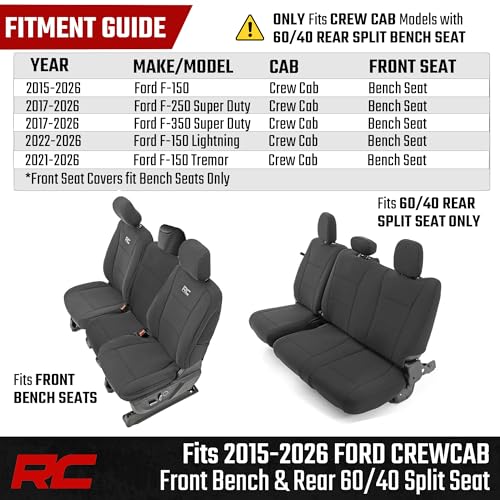 Image of Rough Country Neoprene Front & Rear Seat Covers for Ford F-150, Lightning, F-250 & F-350 (2015-2026) Crew Cab w /Front Bench Seat & Rear 60 /40 Split