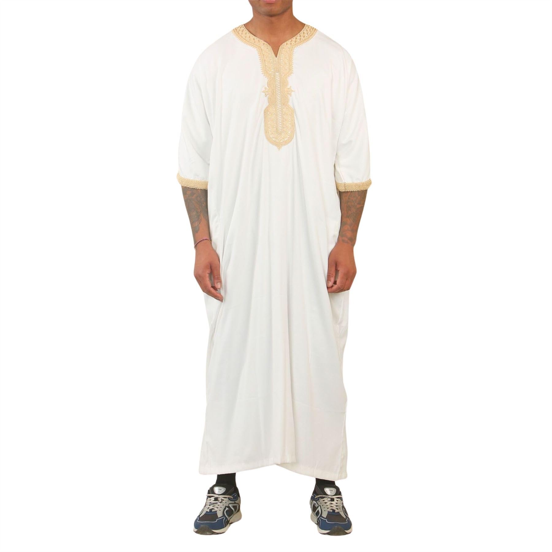 Thobez Men's White Hm62 - Moroccan Thobe Short Sleeve Embroidery Gandoura - 58