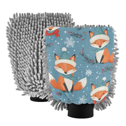 STAYTOP Cute Fox Car Wash Mitt Microfiber, 2Pcs Scratch Free Lint-Free, Premium Chenille Microfiber Mitt Car Wash Brush-L
