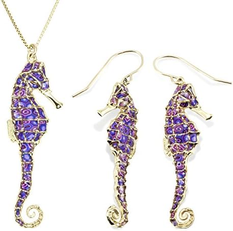 Gold Plated Silver Seahorse Jewelry Set for Women Nautical Handmade Purple Pattern Polymer Clay Aquatic Necklace and Small Sea Creature Drop Earrings, 16.5&#34; Gold Filled Chain