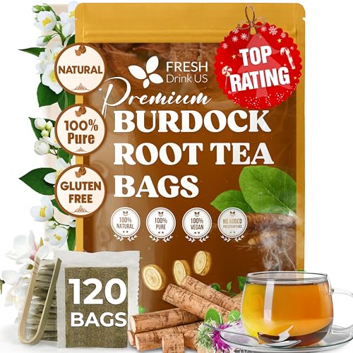 Image of FreshDrinkUS, Premium 120 Burdock Root Tea Bags, 100% Natural & Pure, Herbal Tea. Made with Natural Material Tea Bags. No Sugar, No Caffeine, No Gluten, Vegan.