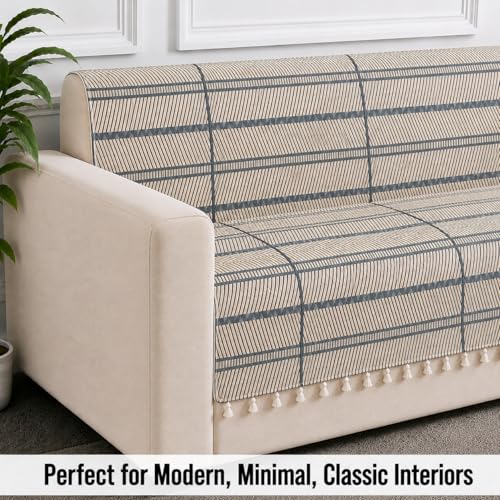 Image of STITCHNEST 'Frostvine Collection' 1 Seater Sofa Cover - Full Coverage| Cotton Quilted Fabric, Decorative Tassels, Washable & Durable for Modern Living