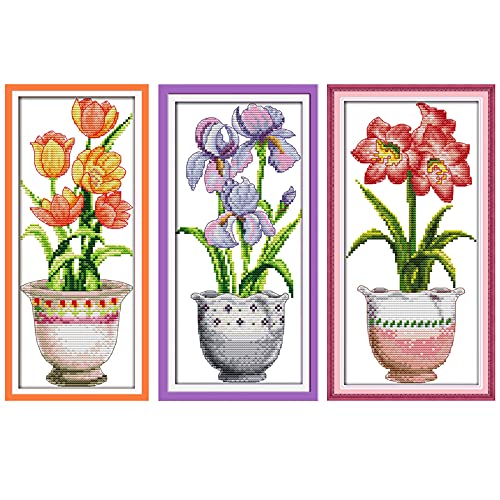 Cross Stitch Stamped Kits For Adults ,3 Pack Flowers Crossstitching Kits Preprinted 11CT Printed Cross Stitch Kits For Beginner Prestamped Easy Pattern Needlepoint Kits Crafts For Decor 7.5x15 Inch