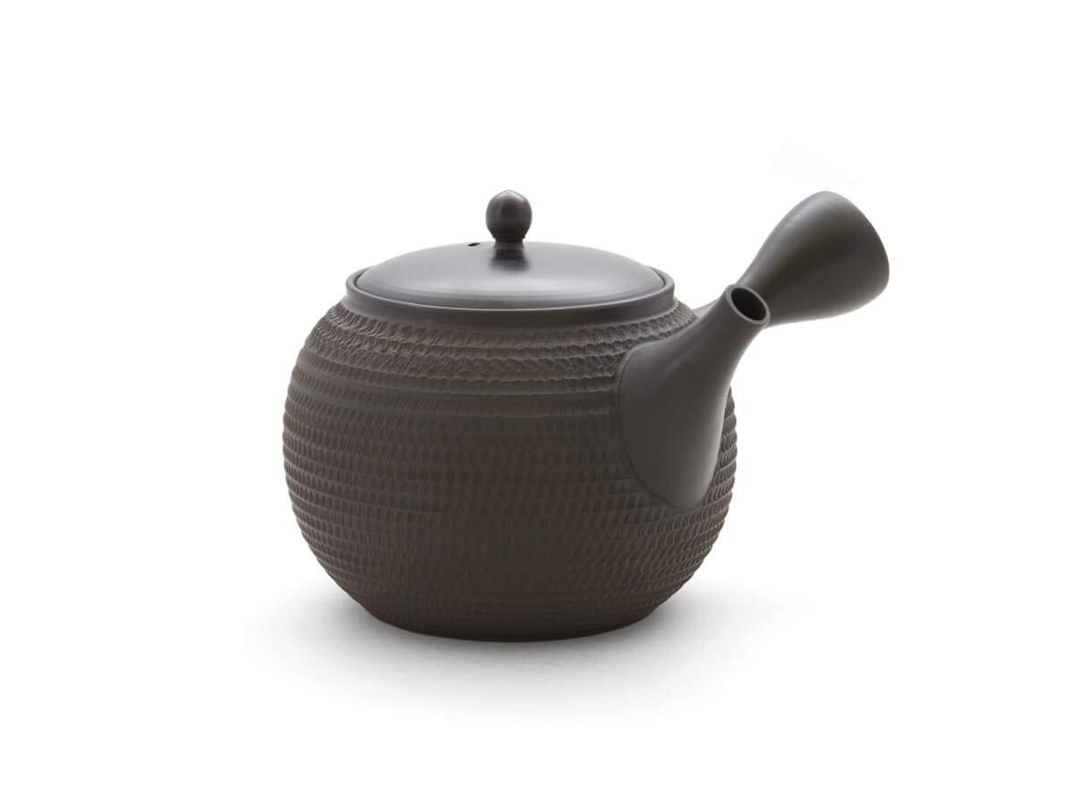 Japanische Teekanne Grüner Tee, Keramik Kyusu Tokoname Japan. Schwarz. Integriertes Tee-Sieb, nicht glasiert