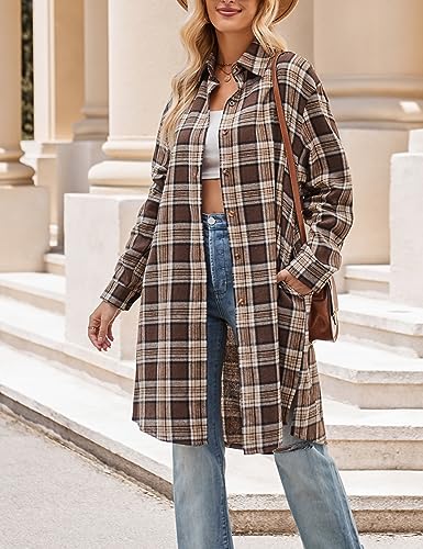 Womens Casual Long Flannel Plaid Shirts Fall Fashion Long Sleeve Boyfriend Coats Jackets with Pockets2
