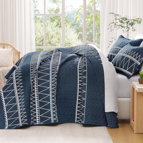 Image of Andency Navy Oversized Super King Plus Quilt Set, 3 Pieces Boho Lightweight Soft Striped Bedspread for All Season (128 inchx120 inch), Printed Bohemian Polyester Reversible Coverlet Comforter Sets