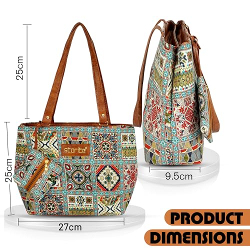Image of Storite Women's Tote Bag with Leather Handles & Embroidery Printed Handbag with Zip Pockets, Shoulder Tote Bag and Handbag for Office and College