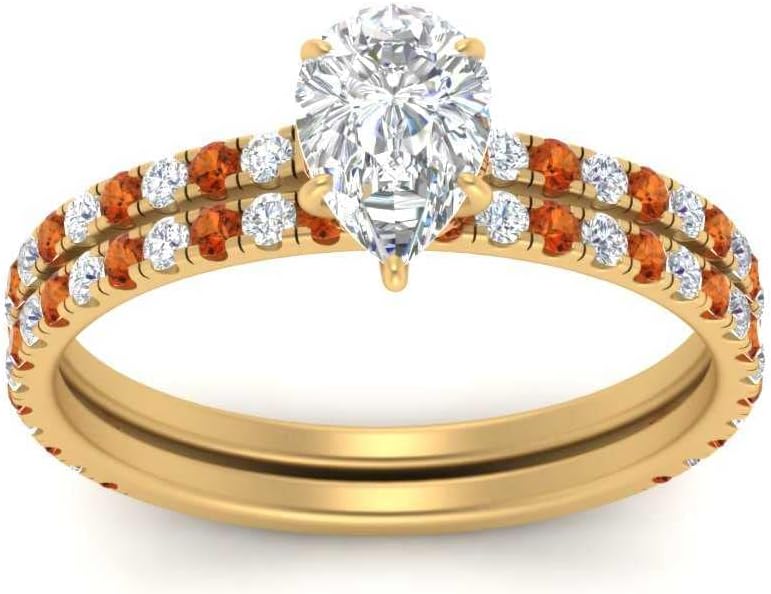 Choose Your Gemstone Three Quarter Diamond CZ Gallery Bridal Ring Yellow Gold Plated Pear Shape Wedding Ring Minimal Modern Design Birthday Wedding Gift US Size 4 to 12