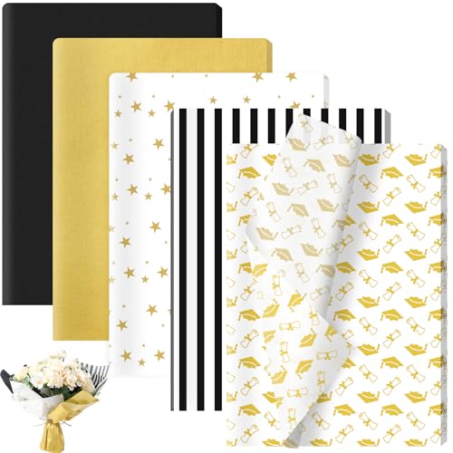 100 Sheets 2026 Graduation Tissue Paper 20x14 inch Graduate Cap Scroll Stripes Stars Gift Wrapping Paper for 2026 Graduate DIY Craft Graduation Party Supplies (Black)