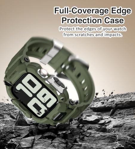 Image of ULTIMAL Rugged Band Compatible with Apple Watch Band 42mm Series 11 /10 with Case, Military-Grade Shockproof Strap for iWatch with Bumper Case Cover Men Women(Army Green)