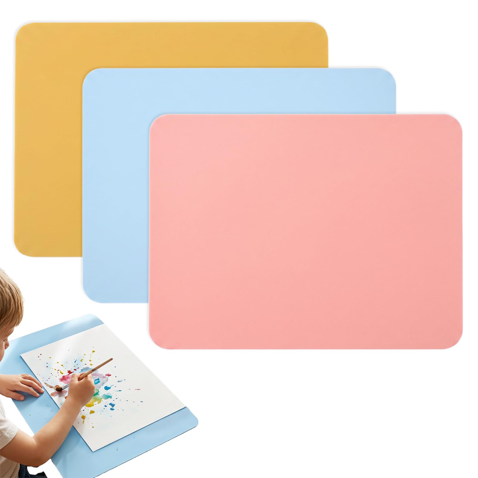 3 Pack Silicone Mat for Worktops, A3 Silicone Placemat for Crafts, 40×30cm Toddler Placemats for Table Non Slip, Silicone Nail Art Molds for Paint, Baking, Non-Toxic (Pink/Blue/Yellow)