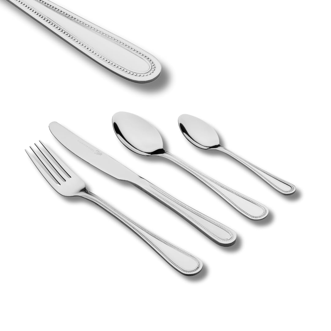 Tala El juego de cubiertos de acero inoxidable de 16 piezas incluye 4 cuchillos, 4 tenedores, 4 cucharas de postre y 4 cucharaditas, diseño pulido de borde de cuentas de acero inoxidable 18/10 de alta