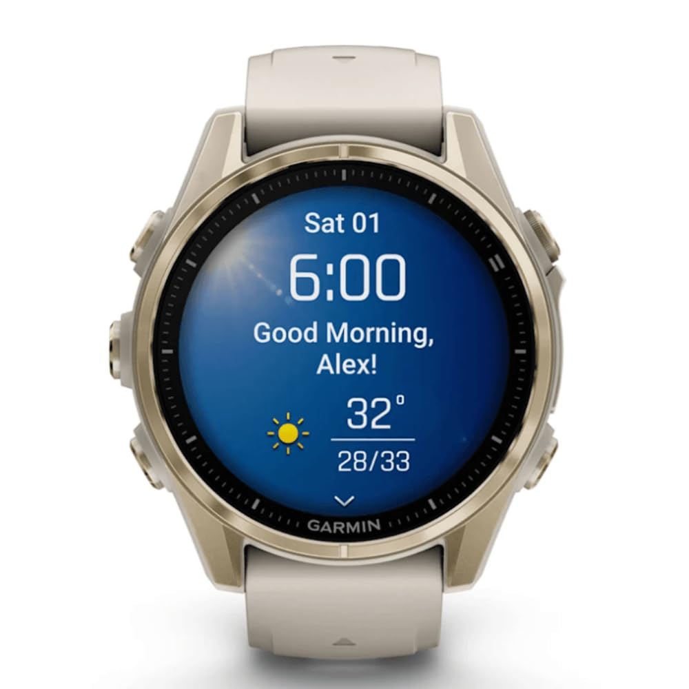 Garmin Fenix 8–43 mm, AMOLED, Saphir, weiches Gold mit Nebelgrau/Dunkelsandstein, Silikonband