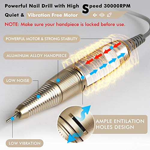 Nail Drill for Acrylic Nails - Professional Nail Drill Machine BTArtbox 30000 rpm Electric Efile Nail Drill for Gel Nails Remove Poly Nail Gel Gift for Women Home and Salon Use, Gold