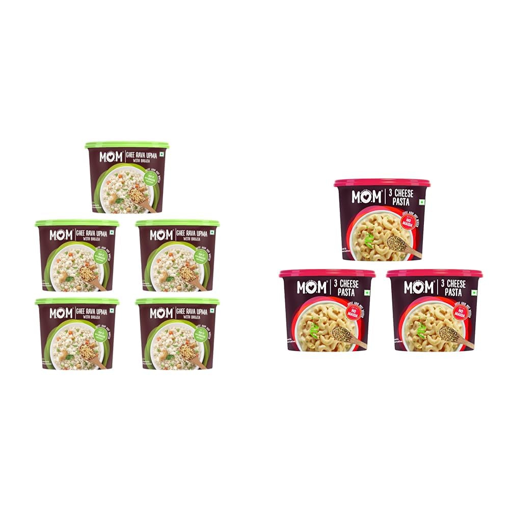 MOM - Meal of the Moment, Ghee Rava Upma with Bhujia, 75g (Pack of 5) - Ready to Eat | Instant + MOM - Meal of the Moment, 3 Cheese Pasta, 65/ 74g (Pack of 3) - Ready to eat | No added-image-47