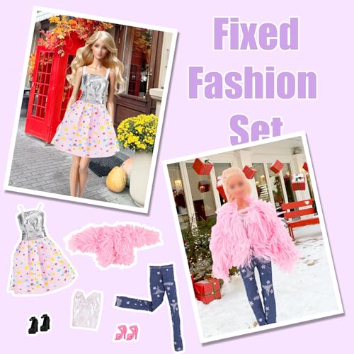 14 Pcs Doll Clothes Compatible with Barbie 11.5 Inch Girl Dolls Fashion Pack 6 Set Accessories Fashionable Coat Houndstooth Suit Evening 1 Tulle Skirt Casual Outfit 6 Shoes 1 Handbag 1 Dog - Image 4