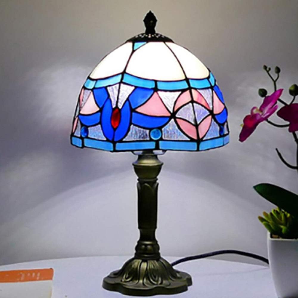 Desk Lamp, Tiffany Antique Craftsman/Dome Table Light Stained Glass 1 Light Brass Body Desk Light for Adult Bedroom (C)