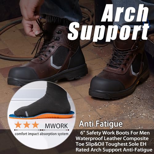 6" Work Boots For Men Leather ASTM F2413-18 Composite Safety Toe EH Rated Arch Support Anti Fatigue 5