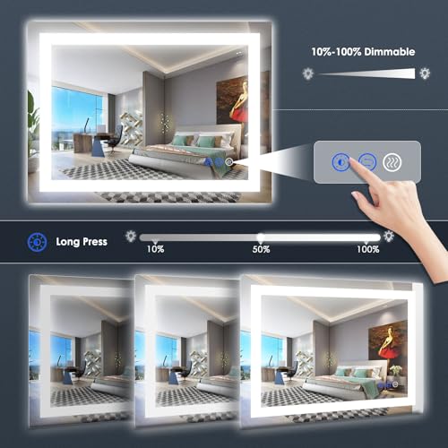 Image of 36x28 LED Bathroom Mirror, Frontlit & Backlit, Wall Vanity Mirror with Lights, 10%-100% Dimmable, 3 Colors, Anti-Fog, Smart Memory, Makeup Mirror with Touch Button