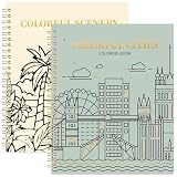 Adult Coloring Book Set of 2 - Inspirational Adventures and Landmarks Scenery Coloring Books, Perfect Gifts for Relaxation and Stress Relief