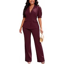 Kafiloe Pant Suits for Women Dressy Elegant Short Sleeve Blazer Suit 2 Piece Set Business Casual Outfits