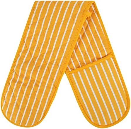 Green Double Oven Gloves Heat Resistant Oven Mitts for Home Kitchen Baking and Cooking, Butchers Stripe Pot Pan Tray Double Oven Gloves, Heavy Duty Cooking Oven Gloves (Green)