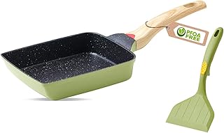 HARLIANGXY Tamagoyaki, padella per omelette giapponese, antiaderente, con spatola in silicone, sicura e senza PFOA, quadrata, verde, 18,7 x 14,8 cm