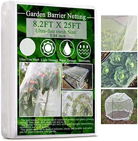 Garden Netting, Garden Mesh Netting Protection Ultra Fine Plant Cover, Plant Netting Garden Insect Netting Pest Barrier Greenhouse Row Cover for Protecting Vegetable Plants Fruits Flowers (8.2x25FT)
