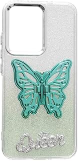 جراب حماية خلفي لامع مزين بالجليتر للموبايل مع حامل مخفي بتصميم فراشة ثلاثية الأبعاد لموبايل أوبو رينو 13 بلون أخضر من سي اف اس