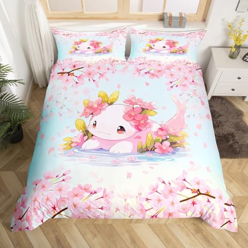 Manfei Rosa Axolotl Bettbezug Set S Größe,Kirschblüte Bettwäsche Set Kinder Mädchen Erwachsenenzimmer Dekor,Nette Tier Pflanzen Tröster Abdeckung Ramantic Aquarell Rosa Blau Quilt Cover,1 Kissenbezug