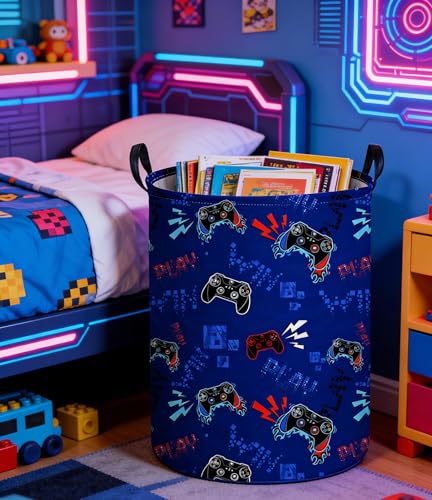 Image of Game Laundry Basket Baby Hamper Dirty Clothes hamper Baby Nursery Hamper Gift Baskets Toy Storage Bin Boy Room Decor(Blue Games)