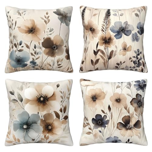 FREEHOTU 4 PCS Throw Pillow Covers 18x18 Inch, Vintage Flowers Cushion Cases Home Decorations for Couch Sofa Living Room
