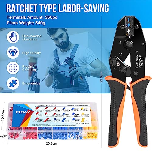 Crimpzange Kabelschuhe Set, Kabelschuhzange Crimpzange mit Ratschenfunktion,Crimpzange für 0,5-6mm² Isolierte mit 350 Stück Kabelschuhen