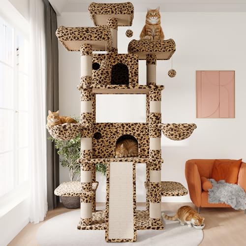 Image of SHA CERLIN 81 Inches Extra Large Cat Tree for Indoor Adult Cats /XXL Big Cat Tower with Condo /Cozy Perches /Sisal Scratching Posts and Hammocks /Activity Center /F80 /Heavy Duty /Leopard Print