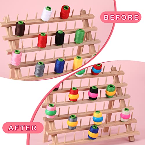 Image of Yookeer 60 Spools Wooden Thread Rack and 48 Pcs Thread Spools Savers /Spool Huggers with Hanging Hooks for Sewing Quilting Embroidery Machine Needlecraft Supplies(Wood)