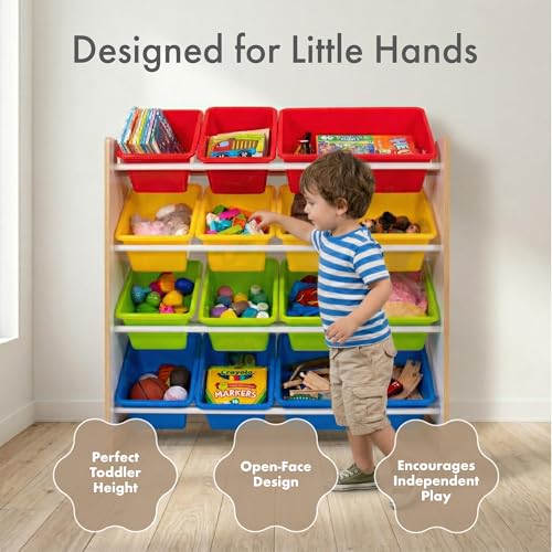 Image of Humble Crew Toy Storage Organizer with 12 Removable Storage Bins for Kids Playroom, 4-Tier Toddler Toy Organization, White /Primary