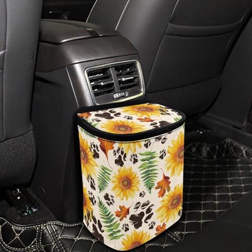 Image of Talayituse Sunflower Dog Paw Maple Leaves Print Car Trash Can with Adjustable Straps, Thanksgiving Decor Car Trash Bag Bin Car Garbage Bag Multipurpose Storage Box for Vehicle Travel Camping Picnicing