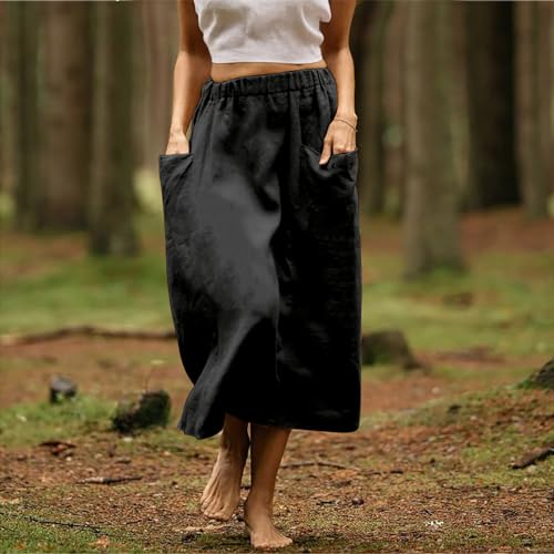 Women's Cotton Linen Skirts Casual Loose Fit Solid Color Elastic High Waisted Flare A-Line Midi Skirts with Pockets3