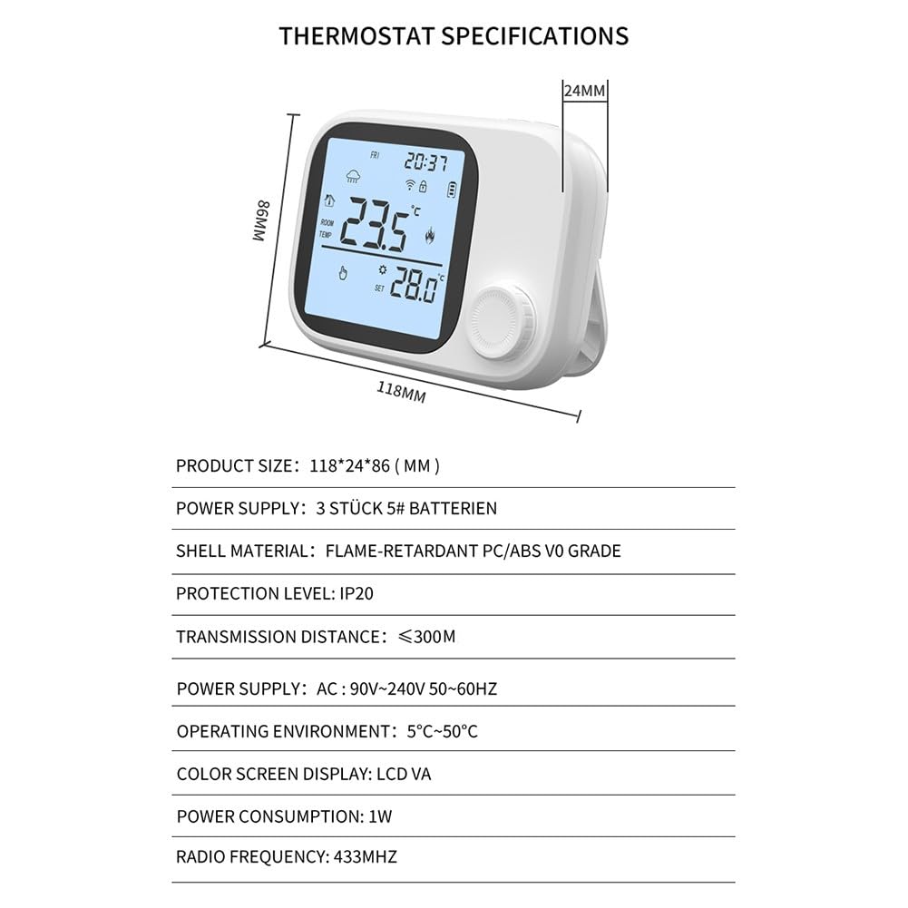 RF433 - Termostato wireless per caldaia con WiFi e controllo della temperatura programmabile, per casa intelligente Tuya, lungo raggio di 300 m, ricaricabile tramite USB, per riscaldamento a