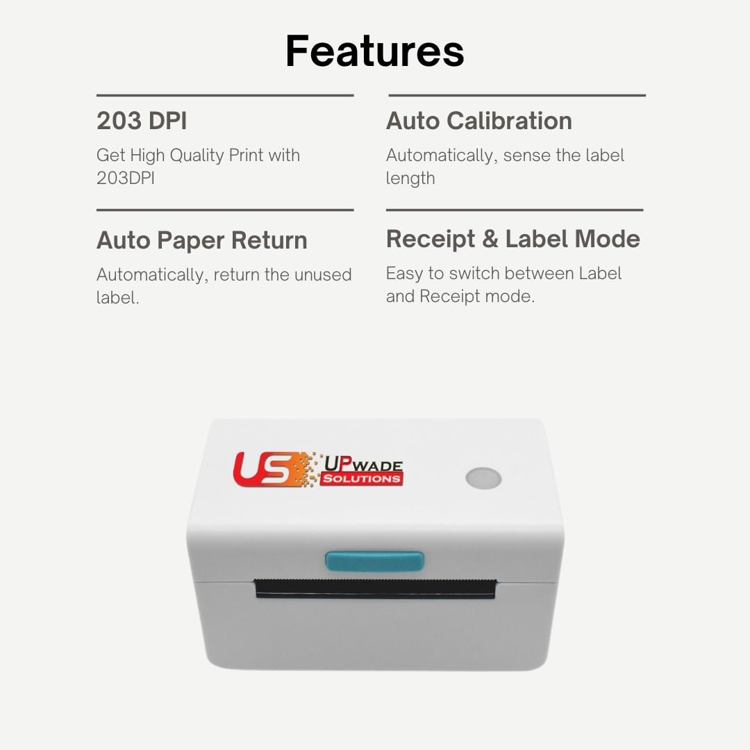 Upwade Bluetooth Direct 4×6" Shipping Label Printer |Adjustable Label Size| 203DPI Resolution 150Mm/S Monochrome Printing Speed Compatible With Mobile And PC (1 Year Warranty) (Only Printer) 2