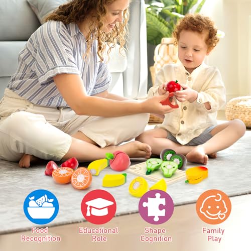 Wooden Play Food Set for Toddlers Toys Pretend Play Kitchen Accessories Fruit Cutting Set for Kids Gift for Boys Girls Montessori Educational Toys — view 5