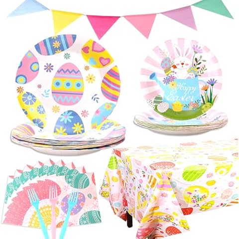 Peirich Easter Party Supplies Serve 16, 70Pcs Easter Party Decorations Includes Plates, Napkins, Fork, Banner and Touchdown Tablecloth for Easter Spring Holiday Party Favors Cover