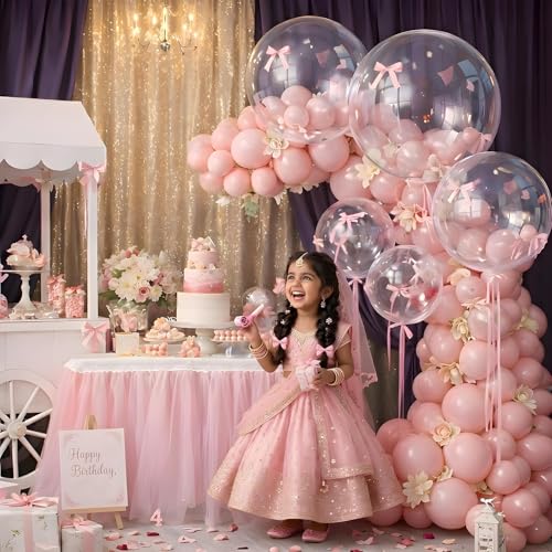 Image of Party Propz Transparent Balloon Decoration Kit - Set of 17 Clear Round Balloons with Pink Latex Balloons & Ribbon for Birthday Party, Baby Shower