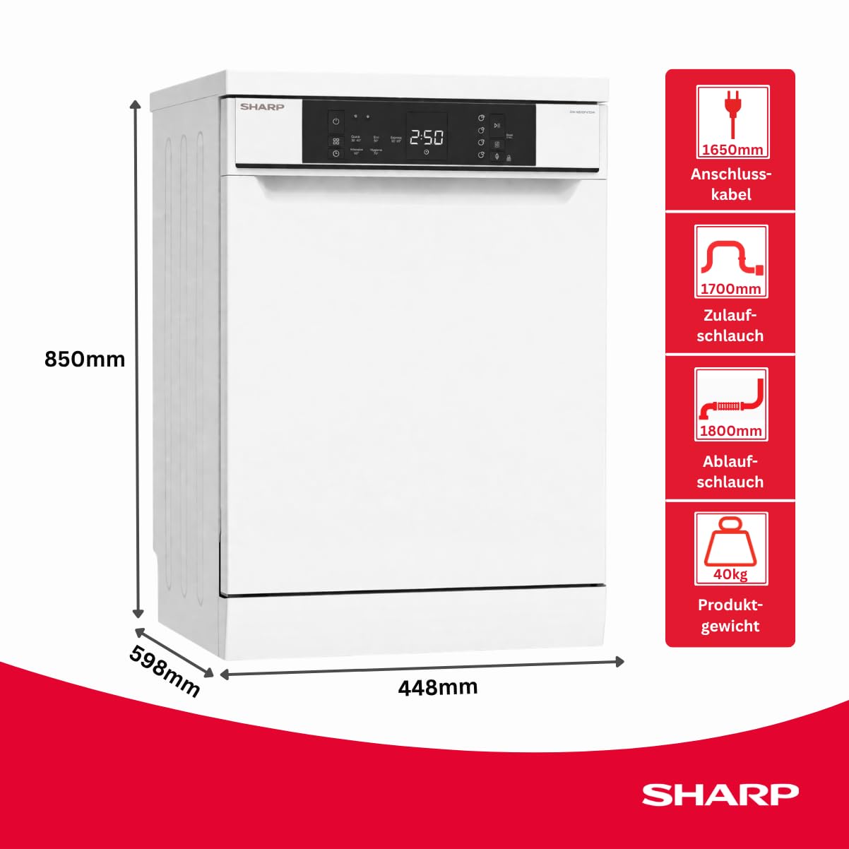 Sharp QW-NS1DF47DW-DE Geschirrspüler freistehend 45 cm 10 Maßgedecke 47 dB Hygiene 70°C Weiß